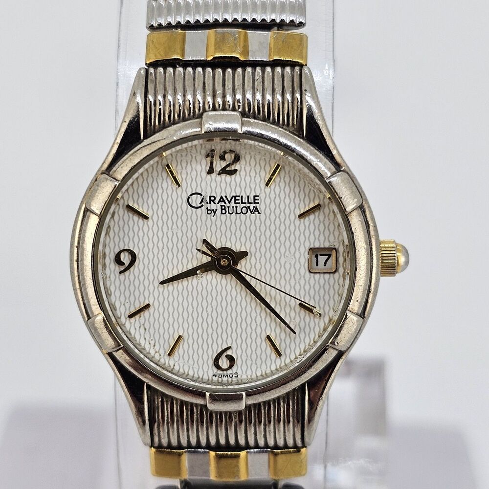 Caravelle Bulova Women's Watch White Dial Date Two Tone Stretch Band 6" New Batt